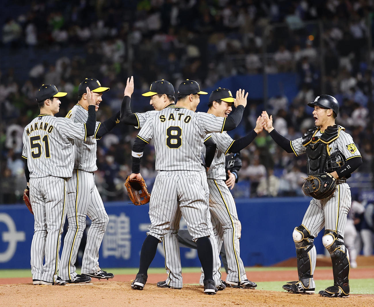 阪神対ヤクルト　ヤクルトに逆転勝ちし、タッチを交わす阪神ナイン（撮影・藤尾明華）