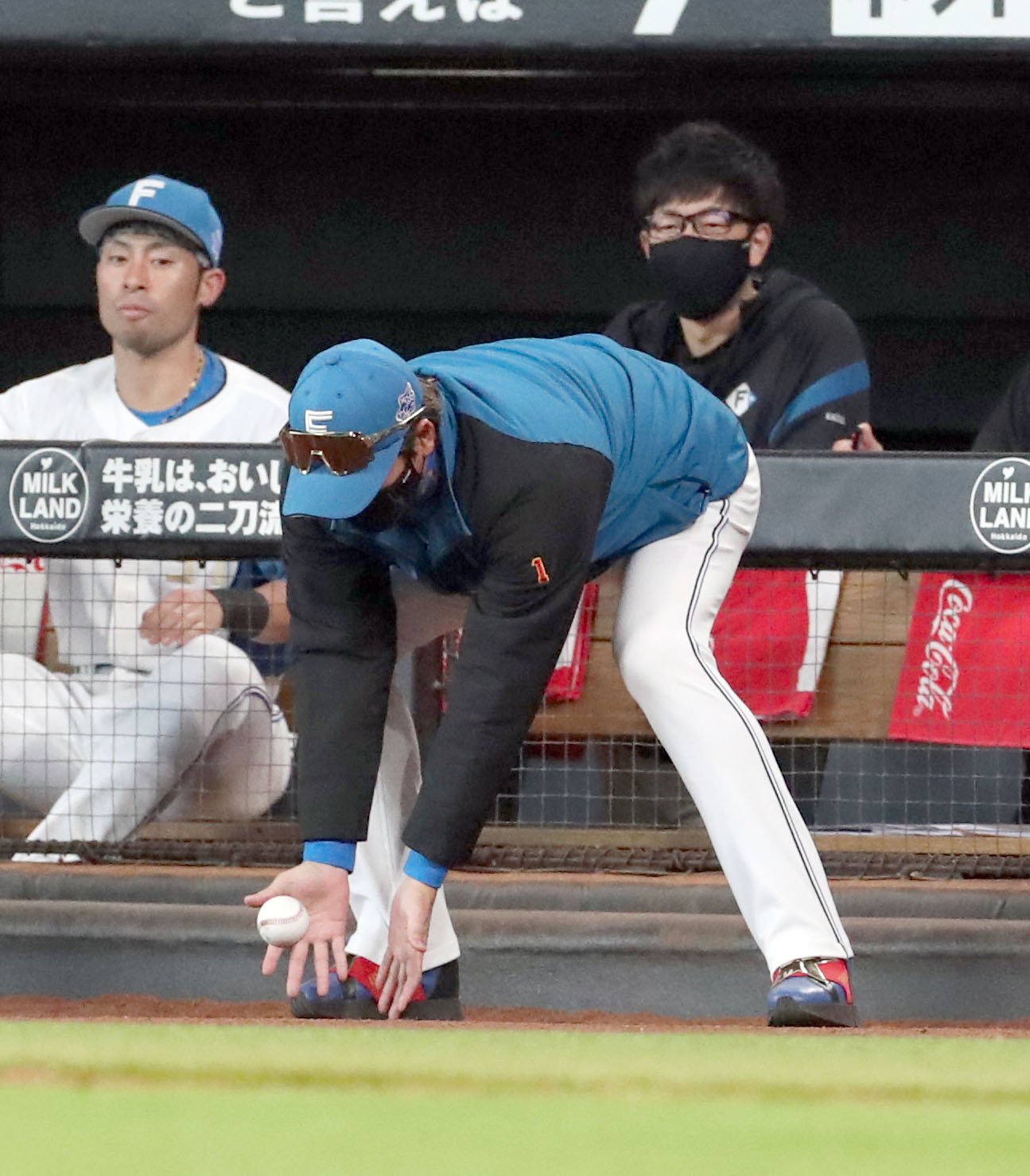 日本ハム対ソフトバンク　2回裏日本ハム無死、加藤豪の中前打を放ったボールを回収する新庄監督（撮影・佐藤翔太）