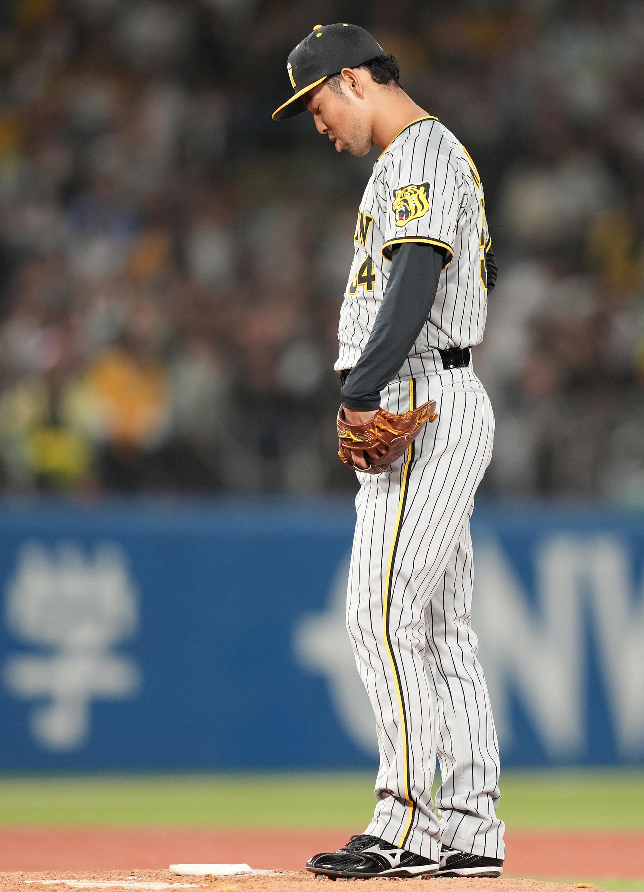 ヤクルト対阪神　8回裏ヤクルト2死一、三塁、打者塩見の時、ボークを取られうつむく加治屋（撮影・鈴木みどり）