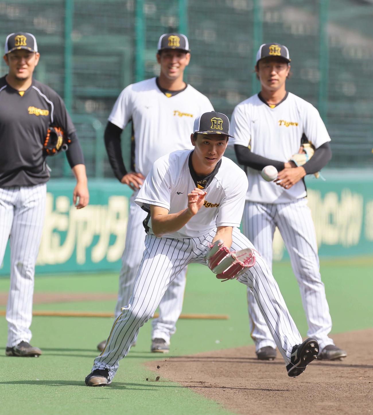 阪神対巨人　ノックを受ける湯浅（撮影・上田博志）