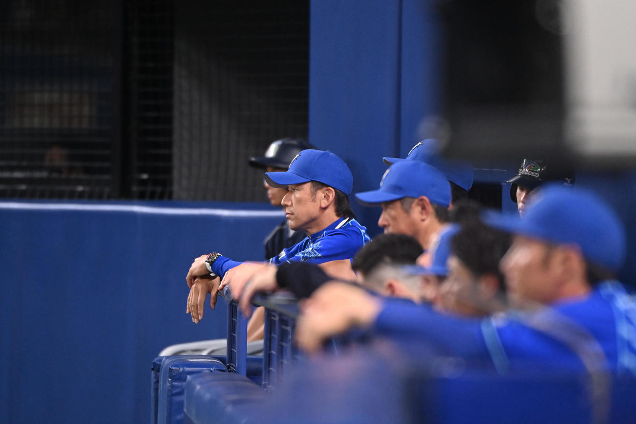中日対DeNA 7回表、ベンチから試合を見つめる三浦監督（左）（撮影・森本幸一）
