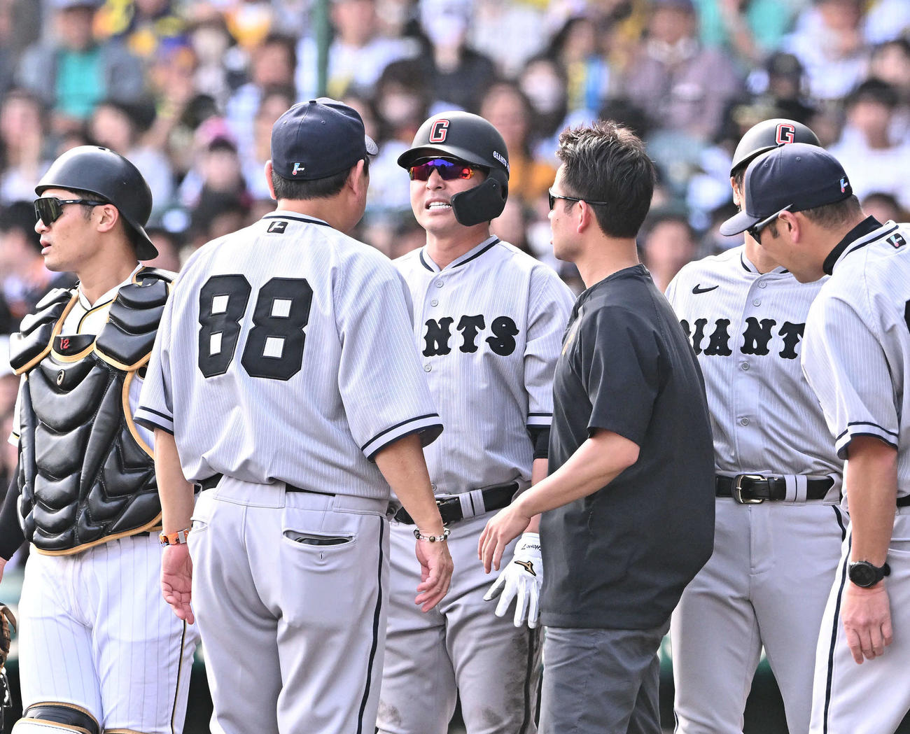 阪神対巨人　7回表巨人無死一塁、遊ゴロを放ちアクシデントで倒れ込んだ長野（左から3人目）は厳しい表情を見せる（撮影・滝沢徹郎）