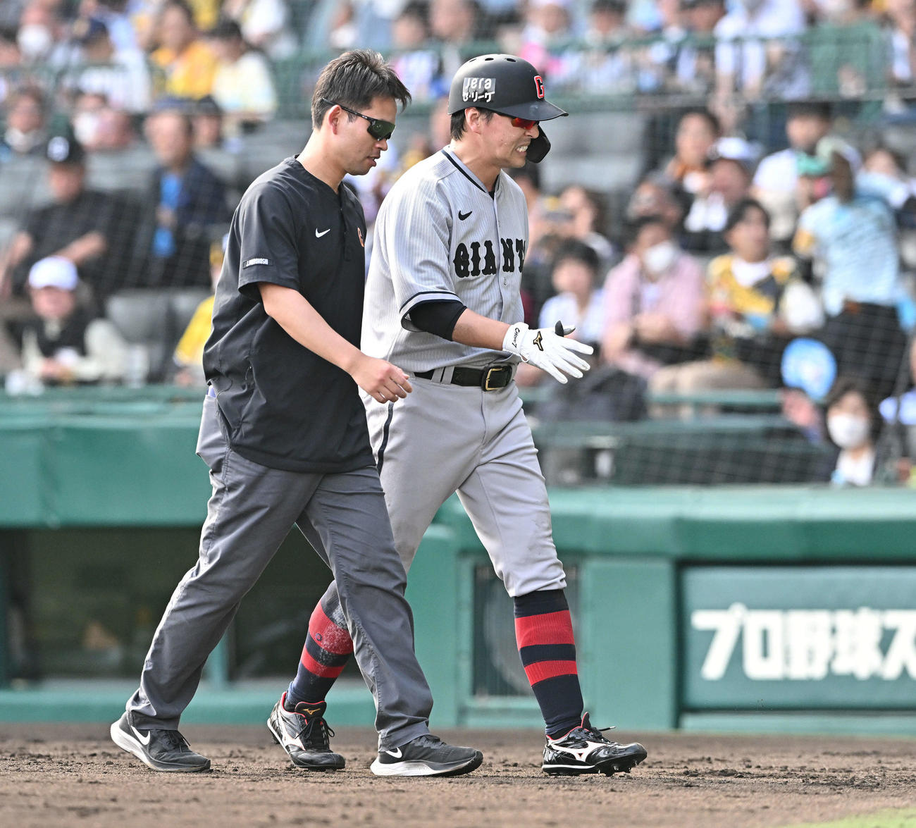 阪神対巨人　7回表、苦痛の表情でベンチへ引き揚げる巨人長野（撮影・滝沢徹郎）