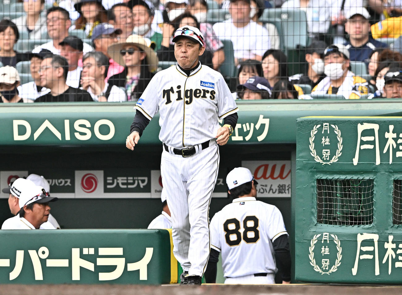 阪神対巨人　9回表、交代を告げにベンチを出る阪神岡田監督（撮影・滝沢徹郎）