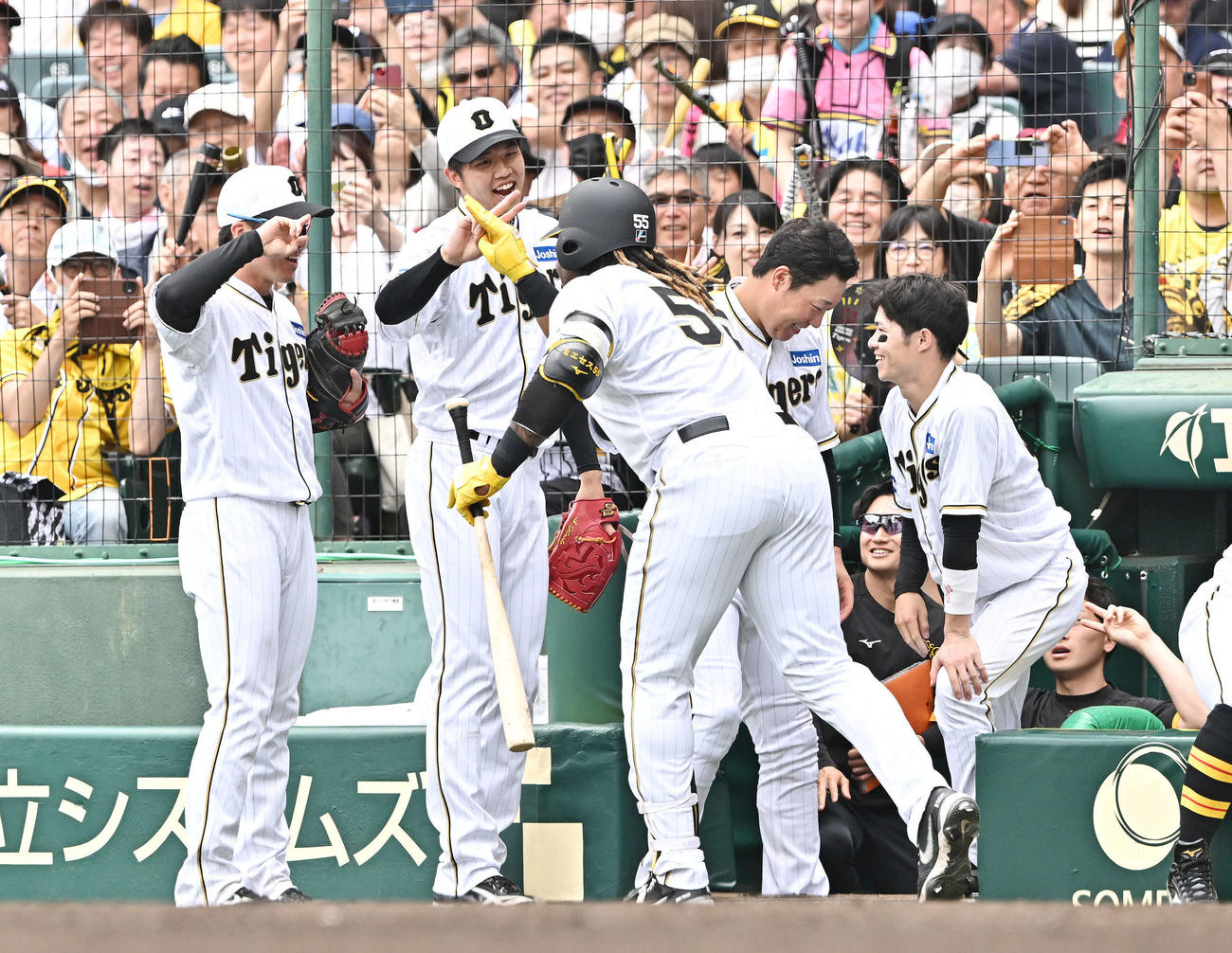 阪神対巨人　4回裏阪神2死、先制ソロ本塁打を放ったミエセス（左から3人目）を祝福する才木（左から2人目）ら（撮影・滝沢徹郎）