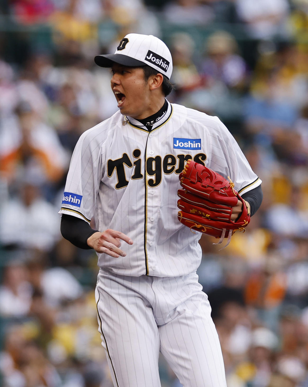 阪神対巨人　8回表巨人1死一塁、中山に声を上げて投げ込む阪神才木（撮影・藤尾明華）