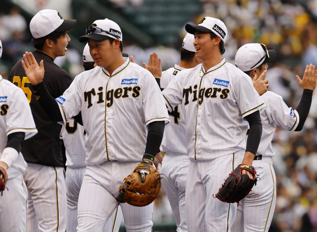 阪神対巨人　巨人に3連勝し、才木（左）とタッチを交わす阪神阪神湯浅（右から2人目）（撮影・藤尾明華）