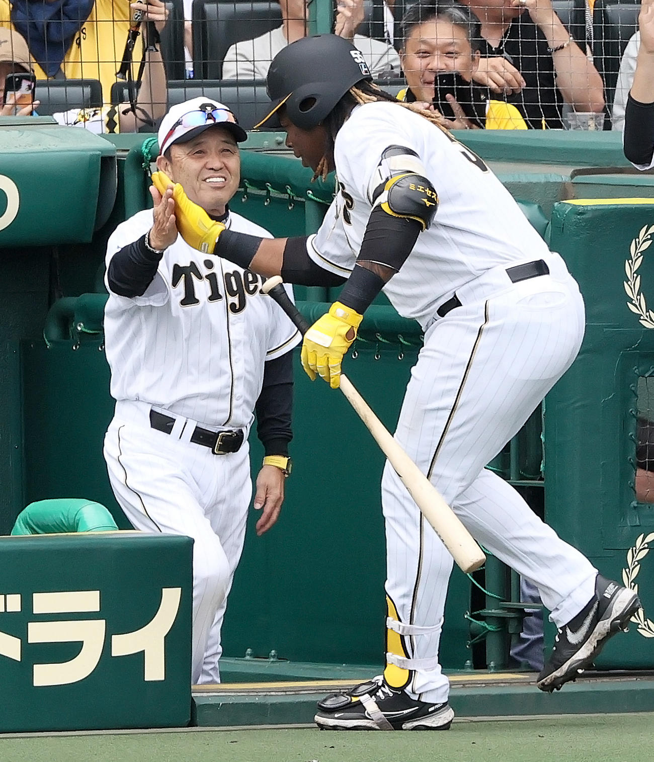阪神対巨人　4回裏阪神2死、ミエセスは先制の左越えソロ本塁打を放ち、岡田監督（左）から迎えられる（撮影・上山淳一）