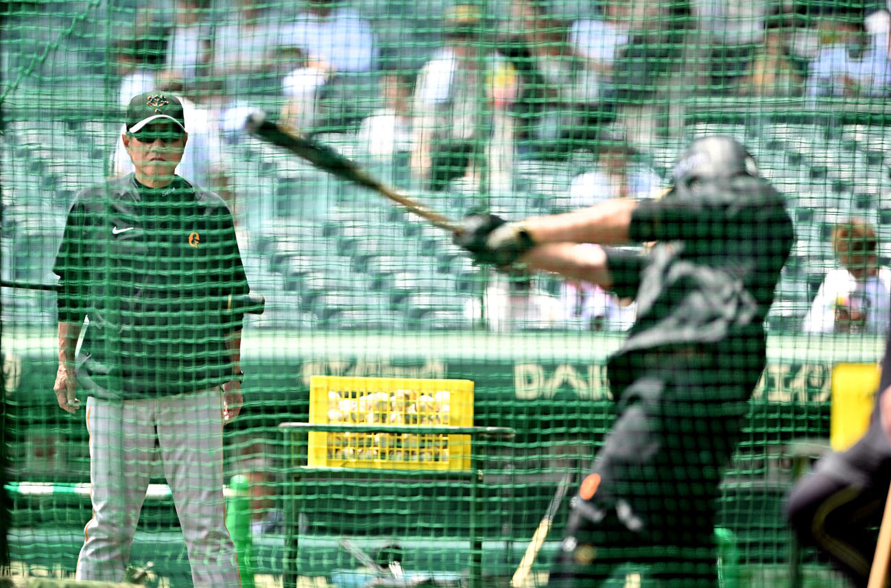 阪神対巨人　1軍に合流し試合前練習で打撃練習する巨人萩尾（手前）を見守る原監督（撮影・滝沢徹郎）
