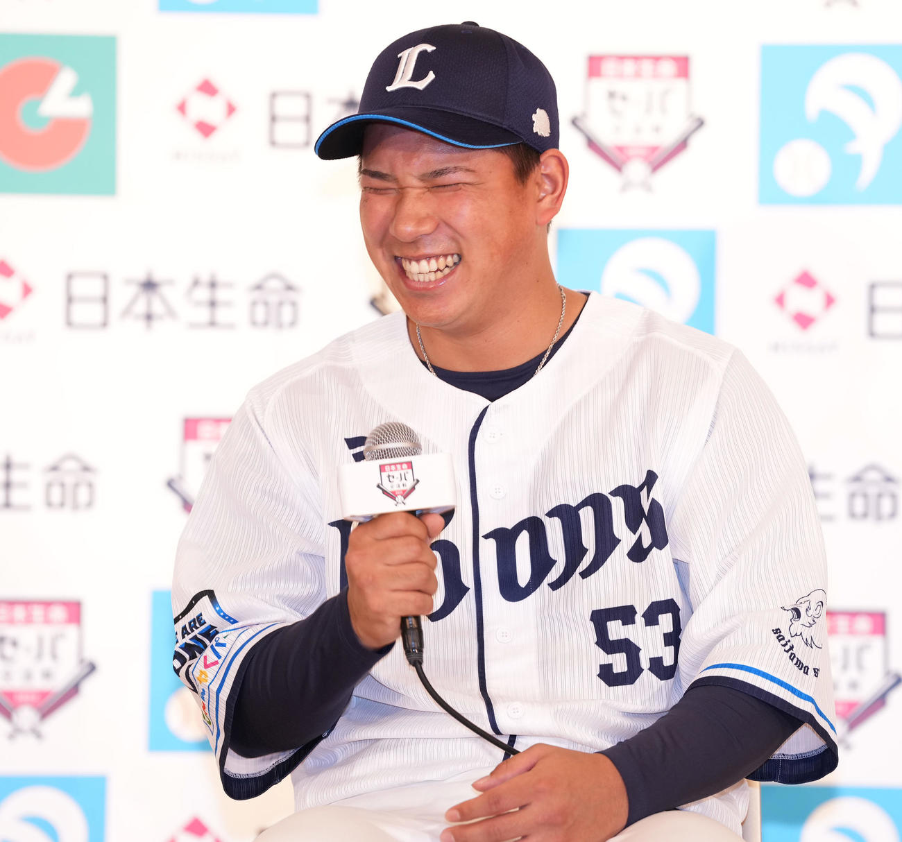 「日本生命セ・パ交流戦」開幕記者会見で笑顔の西武愛斗（撮影・鈴木みどり）