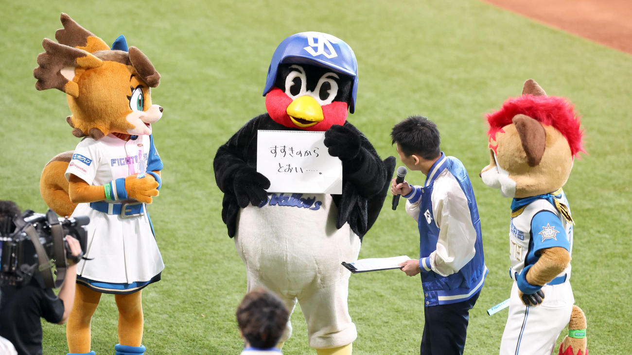 試合前、エスコンフィールド北海道について質問されると「すすきのからとおい…。」と書かれたフリップを見せるつば九郎（撮影・佐藤翔太）