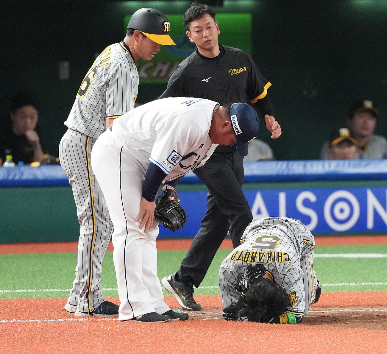 西武対阪神　5回表阪神2死一塁、打者中野の時、けん制を受け帰塁した際、痛がる一塁走者近本。一塁手渡部（撮影・鈴木みどり）