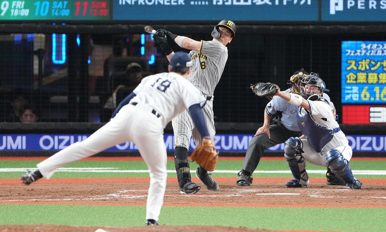 西武対阪神　8回表阪神無死一塁、空振り三振に倒れる佐藤輝。投手佐藤隼（撮影・鈴木みどり）