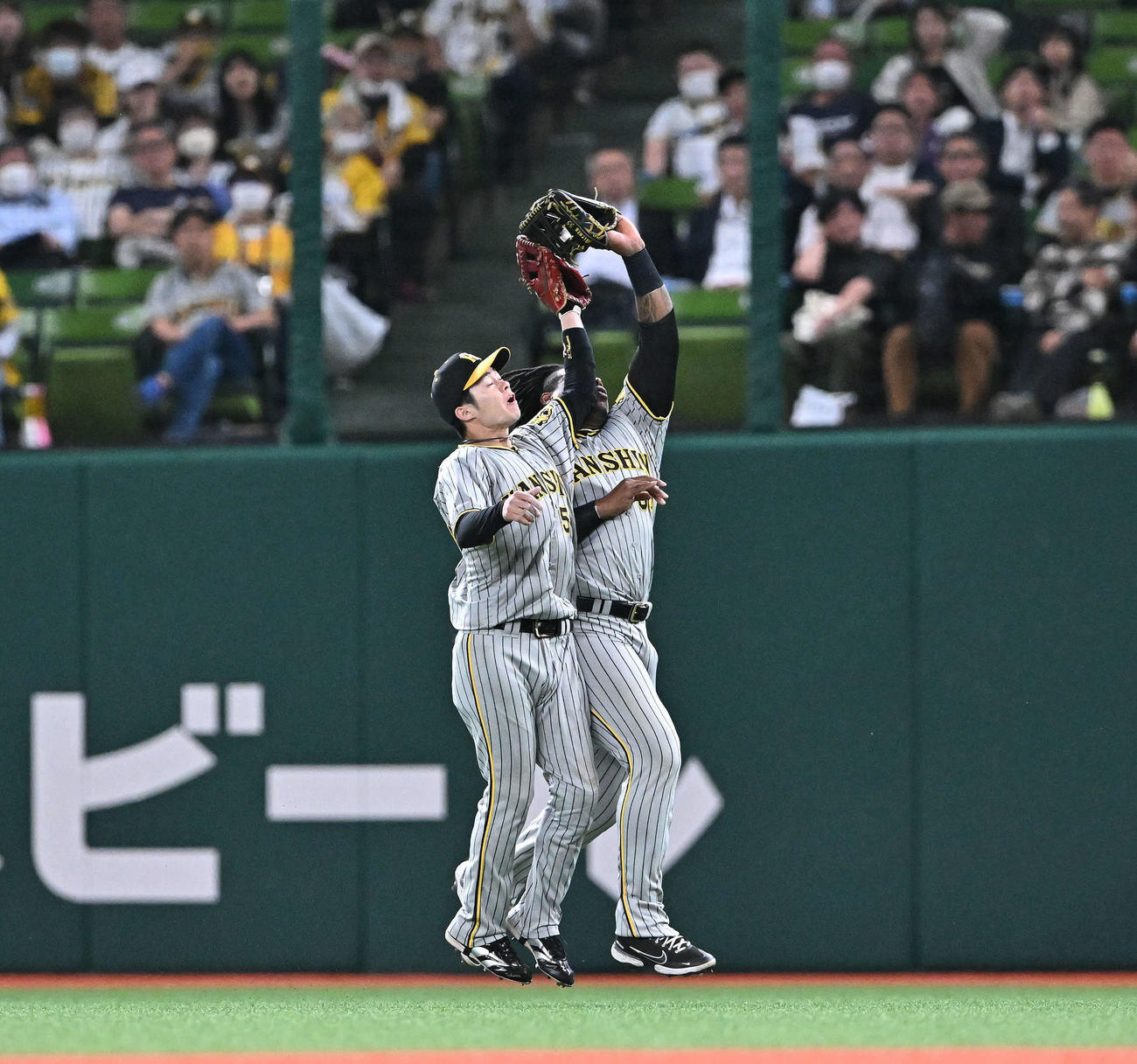 西武対阪神　8回裏西武無死、マキノンの打球を追い交錯する二塁手中野（左）と右翼手ミエセス（撮影・滝沢徹郎）