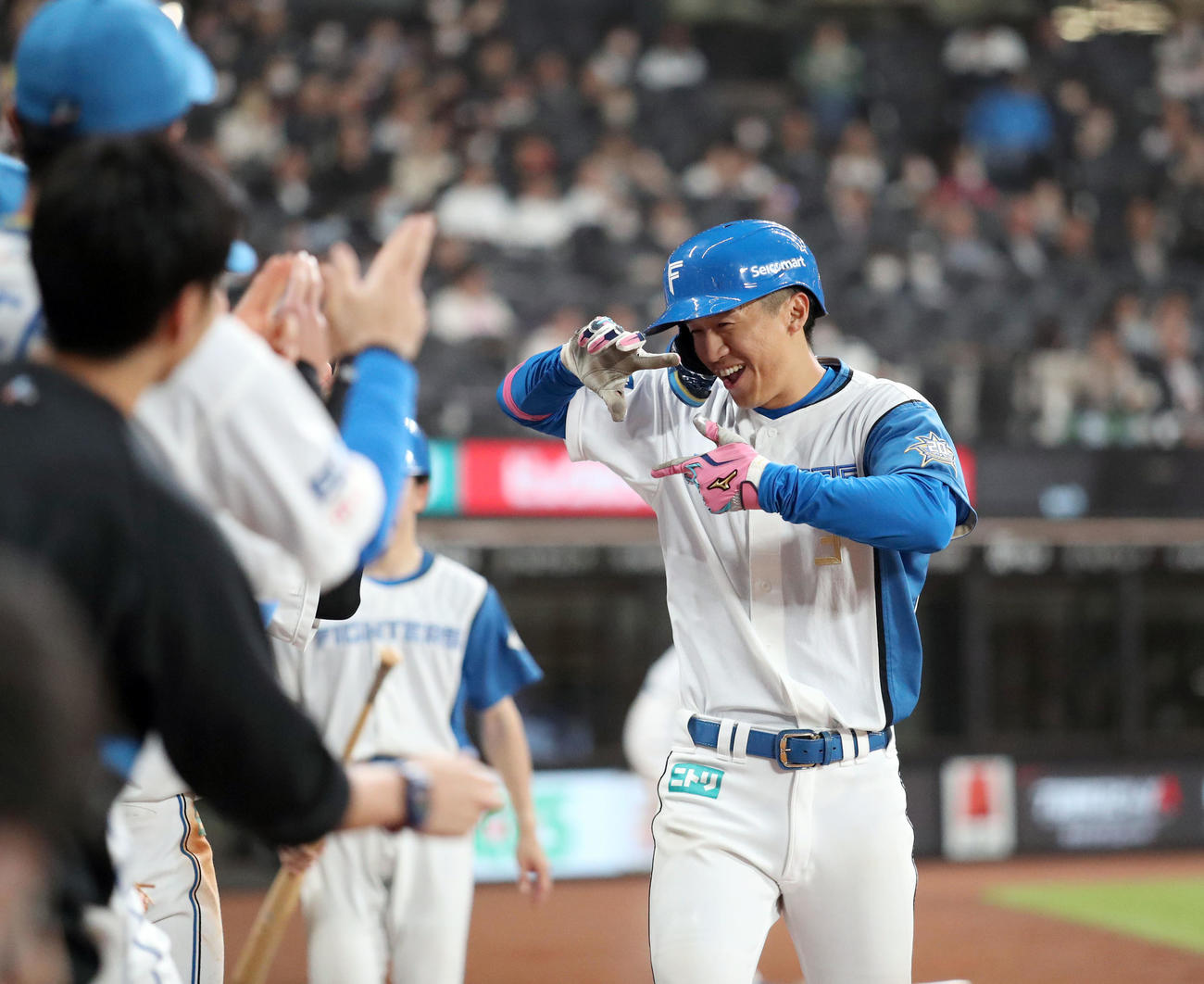 日本ハム対ヤクルト　5回裏日本ハム2死、ソロ本塁打を放った加藤豪はカメラマンポーズを披露（撮影・佐藤翔太）