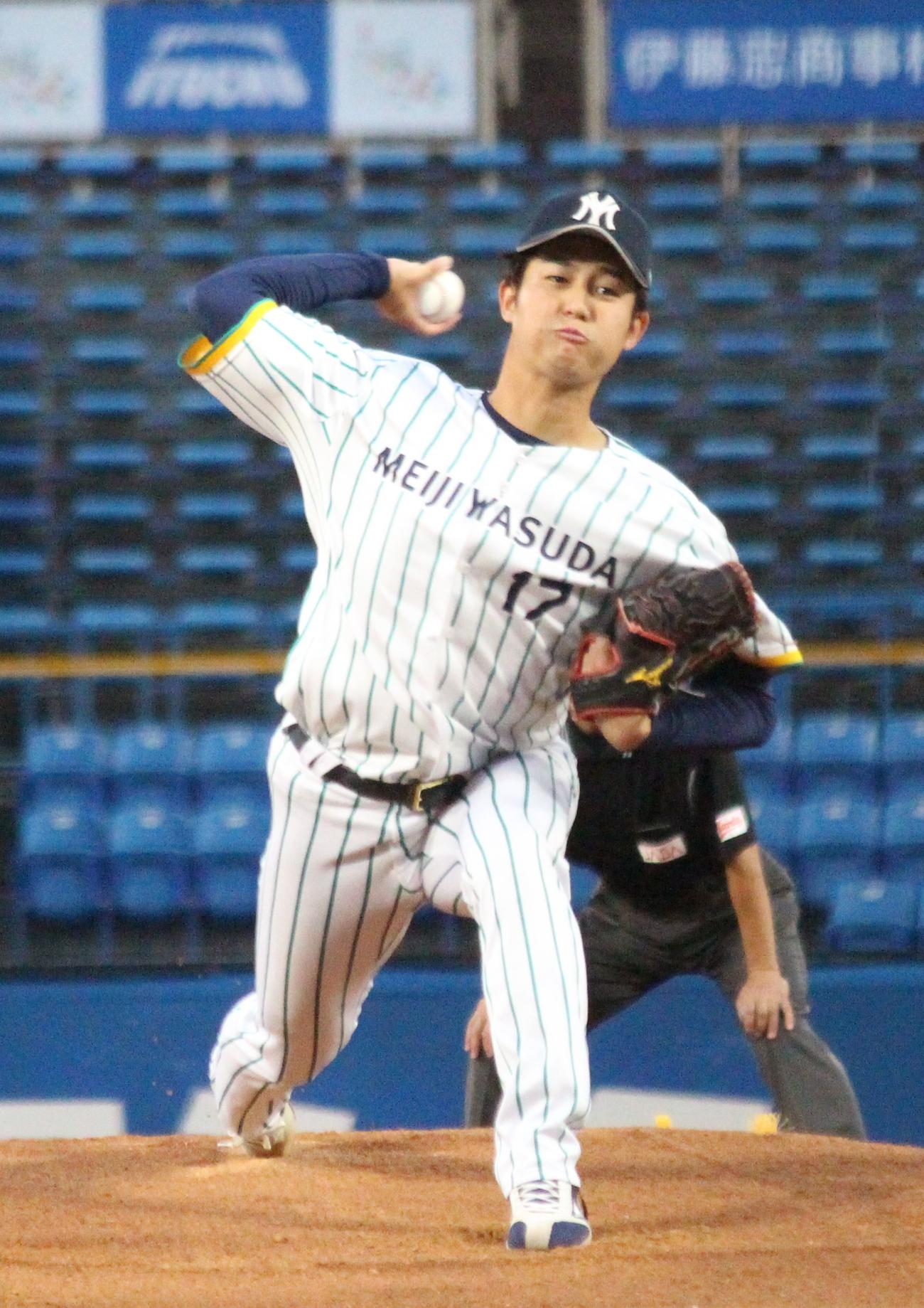 JR東日本対明治安田生命　先発し力投する明治安田生命・竹田（撮影・保坂恭子）