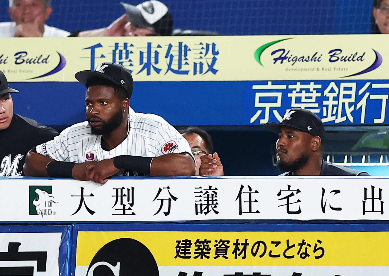 ロッテ対巨人　9回裏、戦況を見守るポランコ（左）とメルセデス（撮影・河田真司）