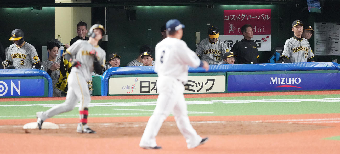 西武対阪神　西武に敗れ、ぼうぜんとする阪神ベンチ。右は岡田監督（撮影・鈴木みどり）