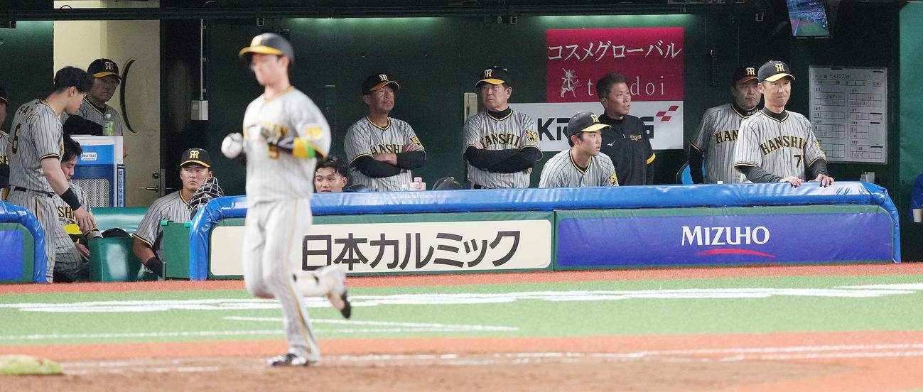 西武対阪神　西武に連敗し、ぼうぜんとする阪神岡田監督（右奥）（撮影・鈴木みどり）