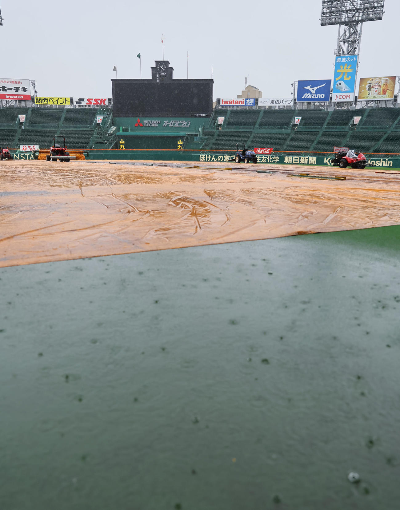 甲子園球場のグラウンドにはシート敷かれる（撮影・上田博志）