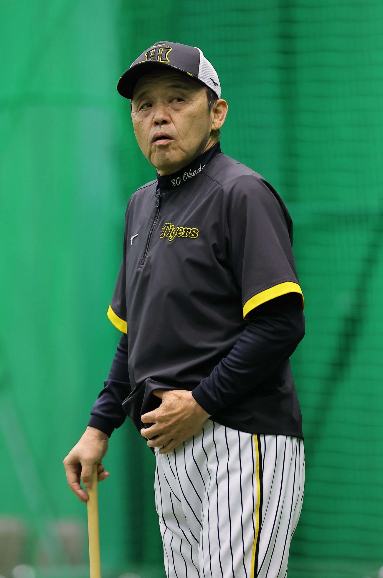 ナインの練習を見守る岡田監督（撮影・上田博志）