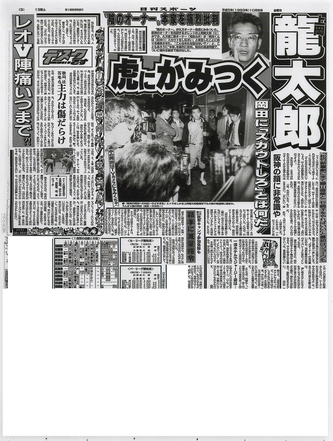 93年10月8日付け紙面で、上岡龍太郎が阪神久万オーナーを批判した事を報じる、本紙大阪紙面
