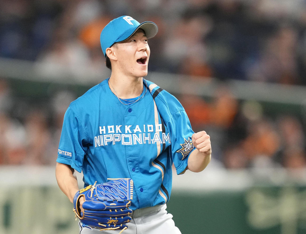 巨人対日本ハム　9回に登板した矢沢は巨人の攻撃を封じてガッツポーズ（撮影・鈴木みどり）