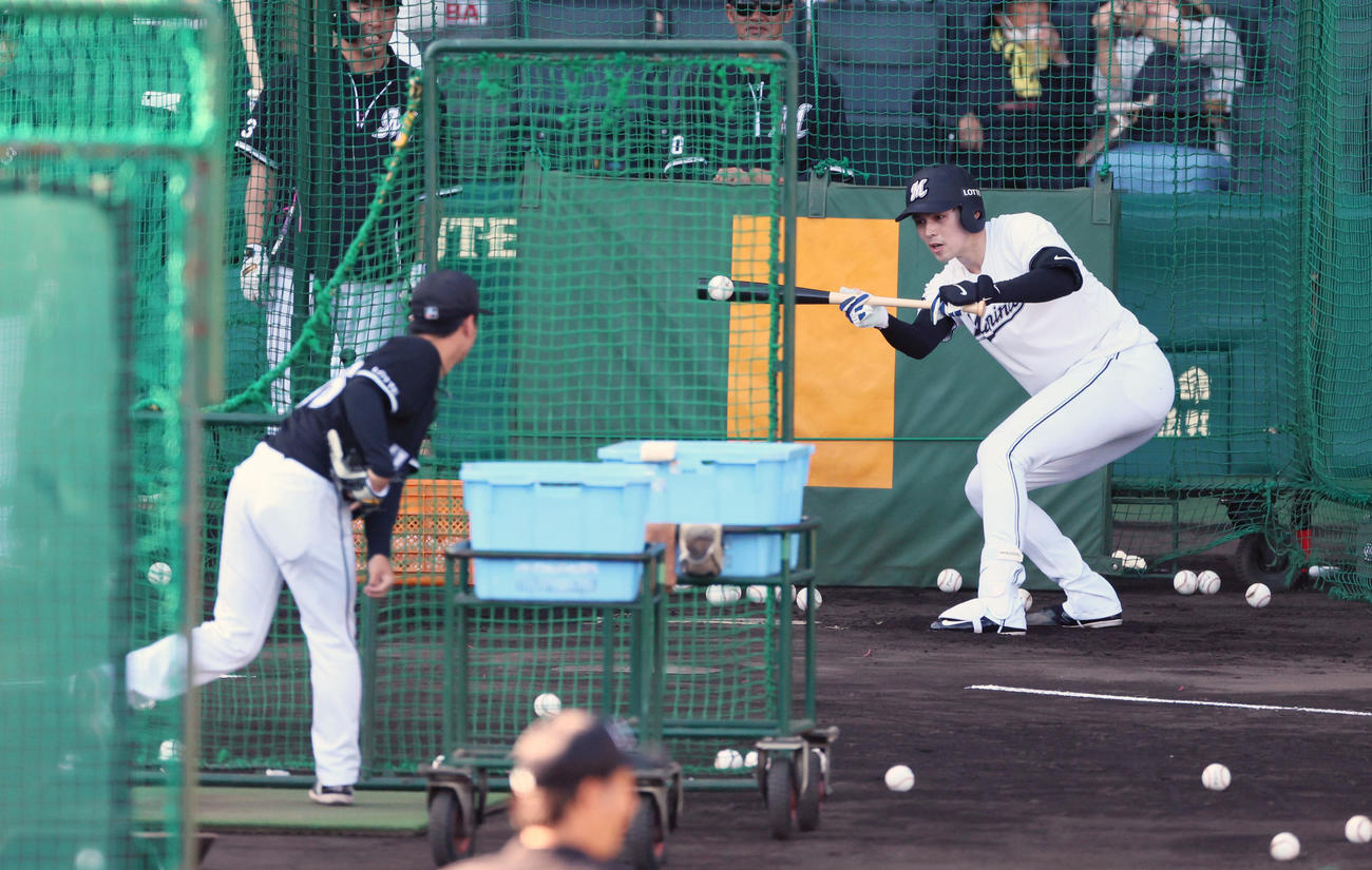 阪神対ロッテ　打撃練習でバントする佐々木朗（撮影・加藤哉）