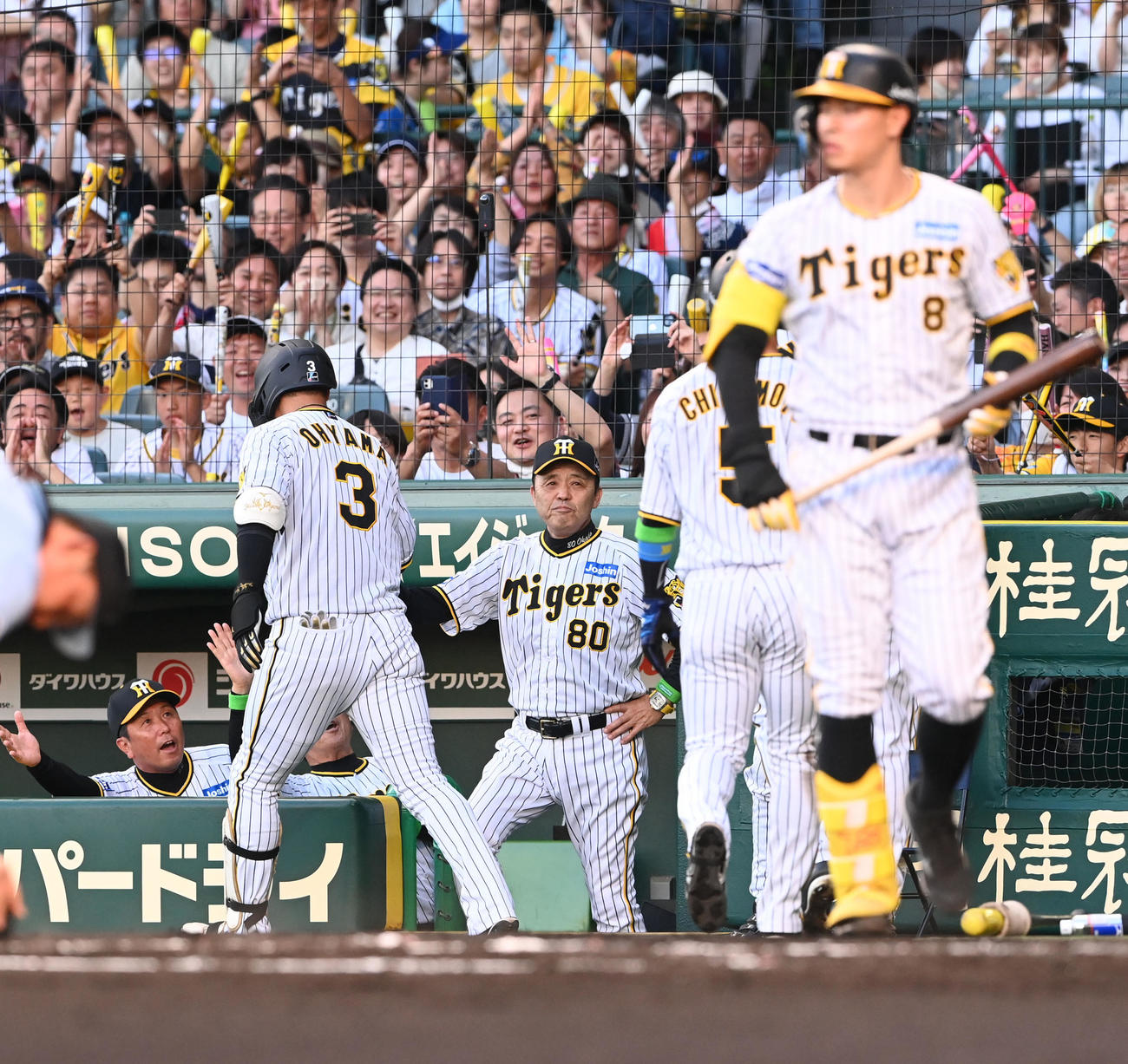 阪神対ロッテ　1回裏阪神1死一、二塁、中越えに3点本塁打を放った大山は岡田監督（中有法）らの出迎えを受ける（撮影・和賀正仁）