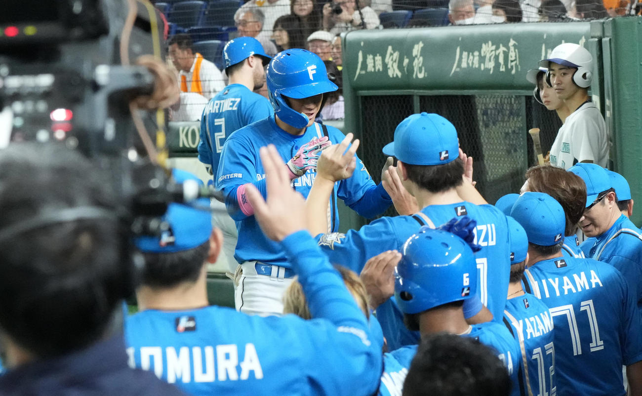 巨人対日本ハム　4回表日本ハム1死、加藤豪（中央）は右越えに同点のソロ本塁打を放ちベンチのナインの祝福を受ける（撮影・小沢裕）