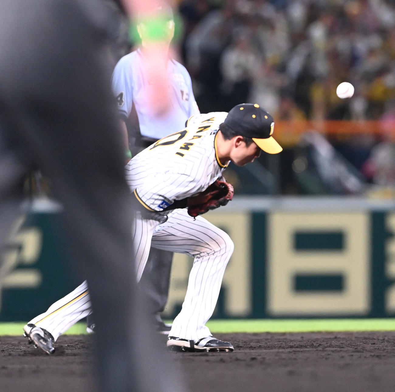 阪神対ロッテ　9回表ロッテ無死、山口航輝の打球を失策する遊撃手木浪（撮影・和賀正仁）