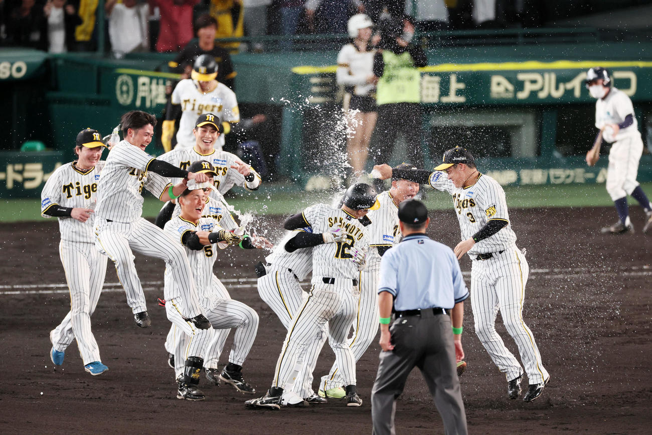 阪神対ロッテ　11回裏阪神1死満塁、小幡の中前適時打でサヨナラ勝ちとなり水を掛け合うナインたち（撮影・加藤哉）