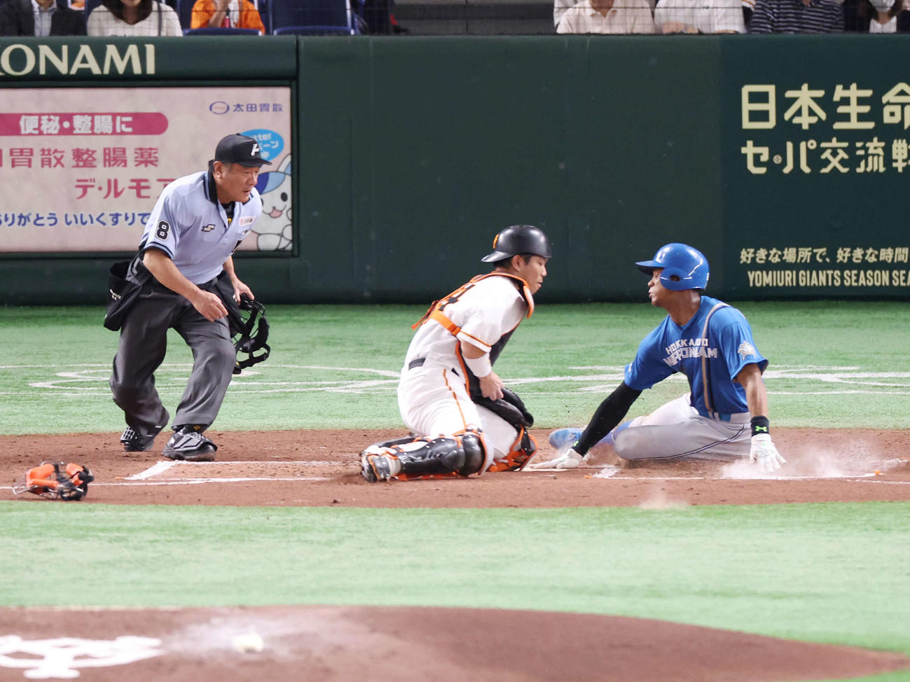 巨人対日本ハム　2回表日本ハム2死一、二塁、北山が同点左前適時打を放ち、生還する万波（右）（撮影・宮地輝）