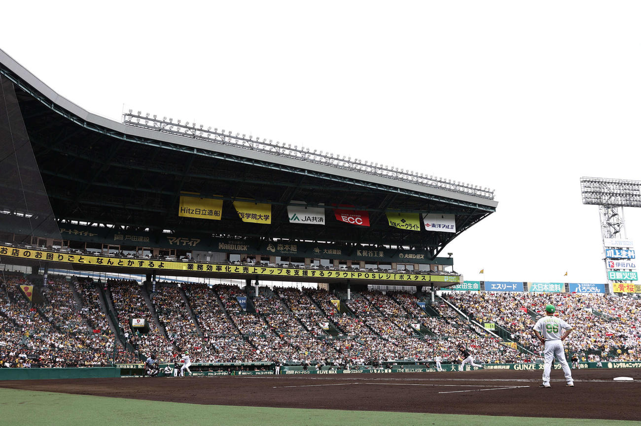 阪神対ロッテ　甲子園球場で投球する佐々木朗。打者は大山（撮影・上田博志）