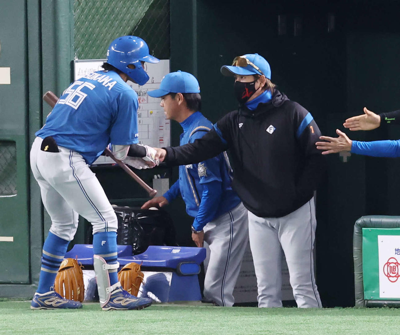 巨人対日本ハム　6回表日本ハム無死一、三塁、スクイズを決めた細川（左）と握手する新庄監督（撮影・宮地輝）
