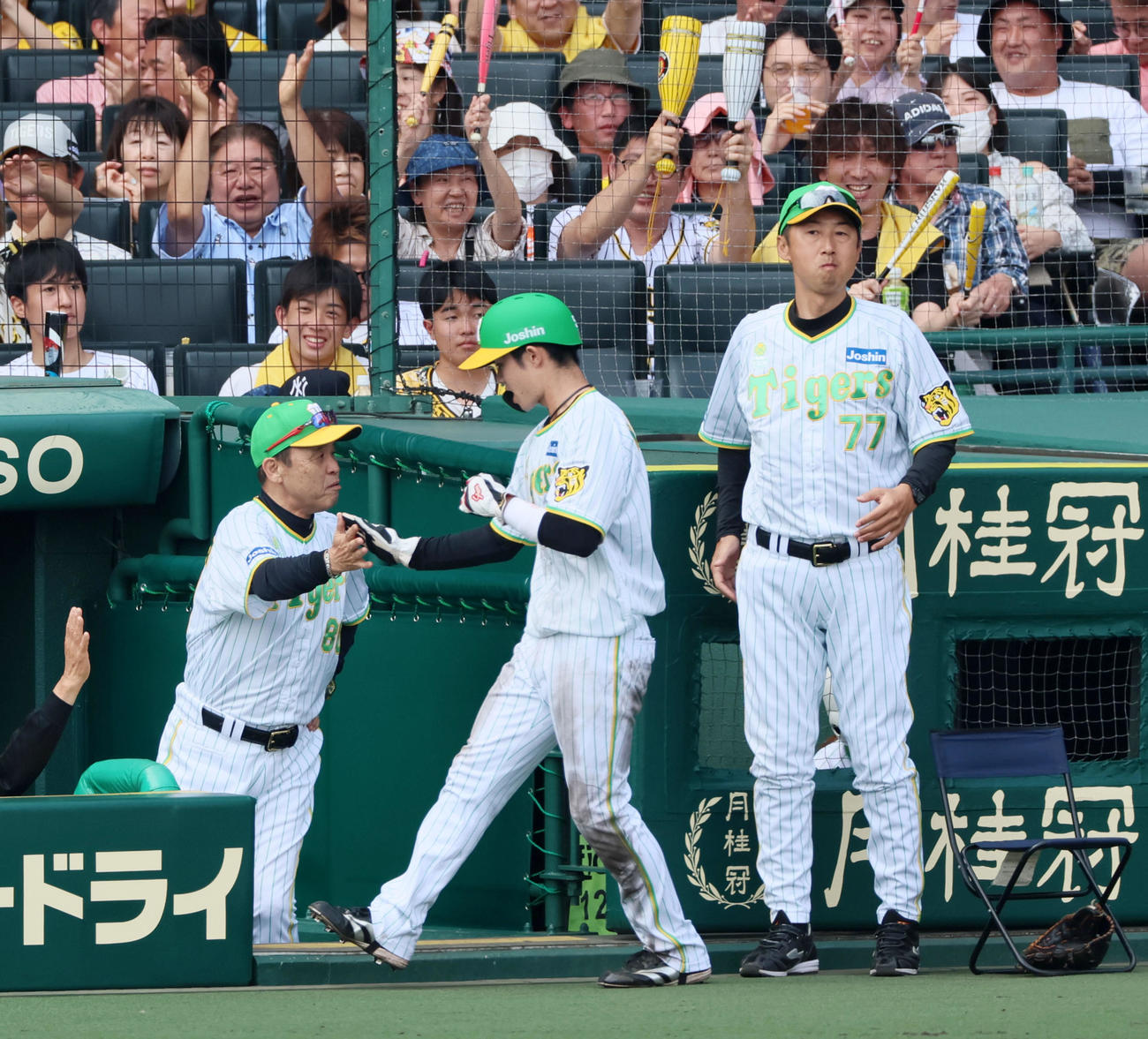 阪神対ロッテ　6回裏阪神1死二塁、大山の右前適時打で生還した中野は岡田監督（左）とタッチ。右は今岡コーチ（撮影・加藤哉）