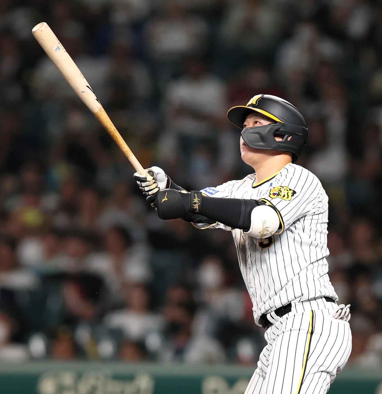阪神対ロッテ　5回裏阪神1死一、三塁、大山は左越え3点本塁打を放つ（撮影・上山淳一）