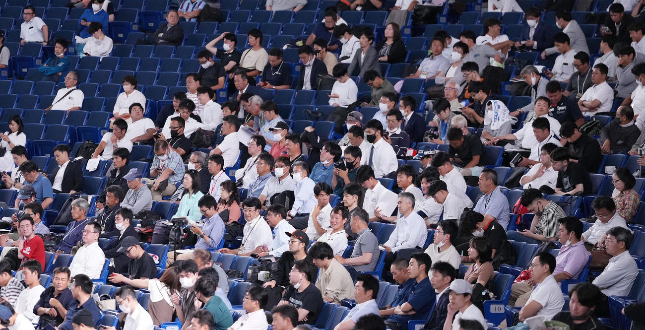 大商大対星槎道都大　試合を視察するスカウトたち（撮影・鈴木みどり）