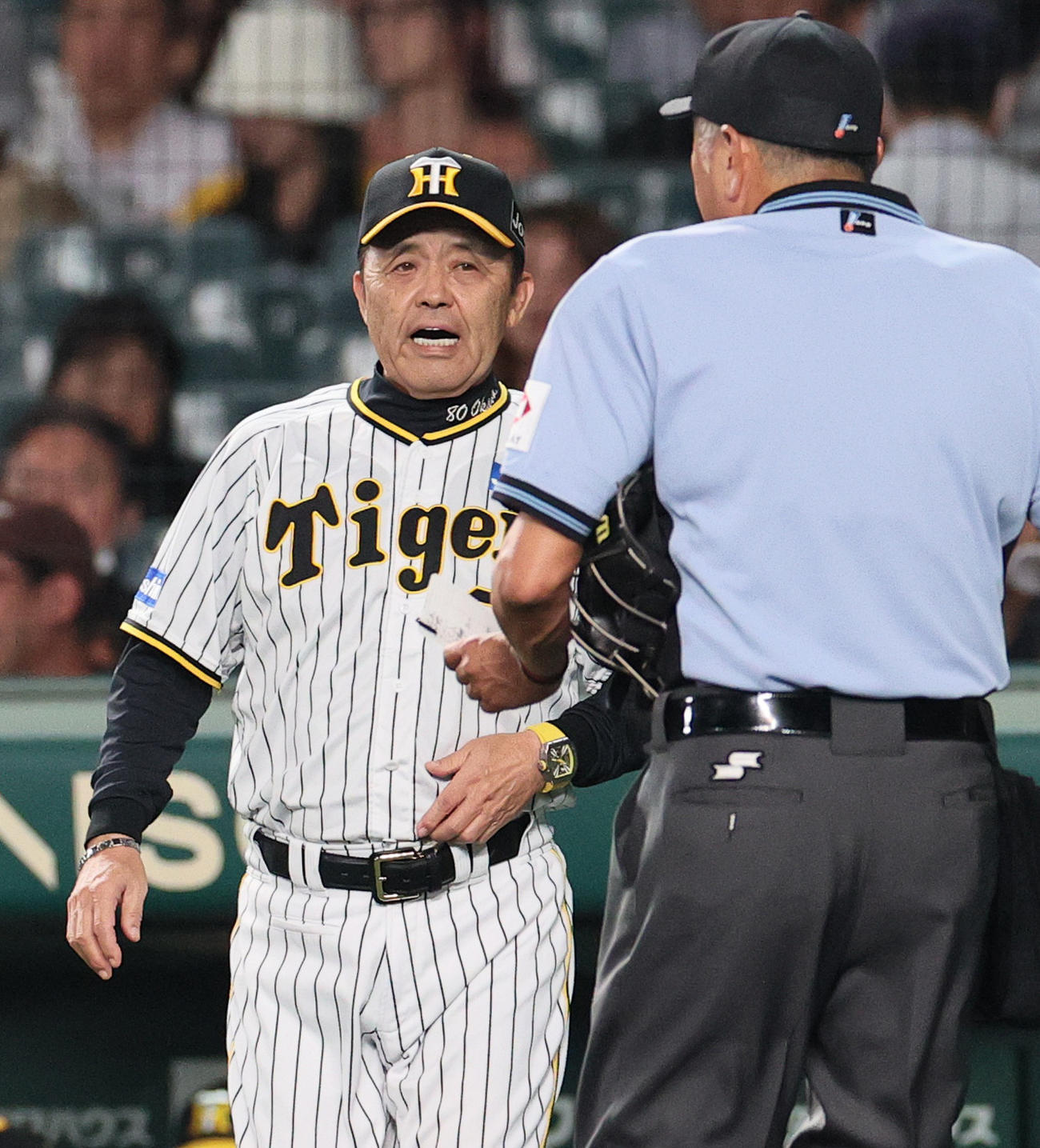 阪神対ロッテ　10回裏終了後、阪神岡田監督（左）は球審に選手交代を告げる（撮影・上山淳一）