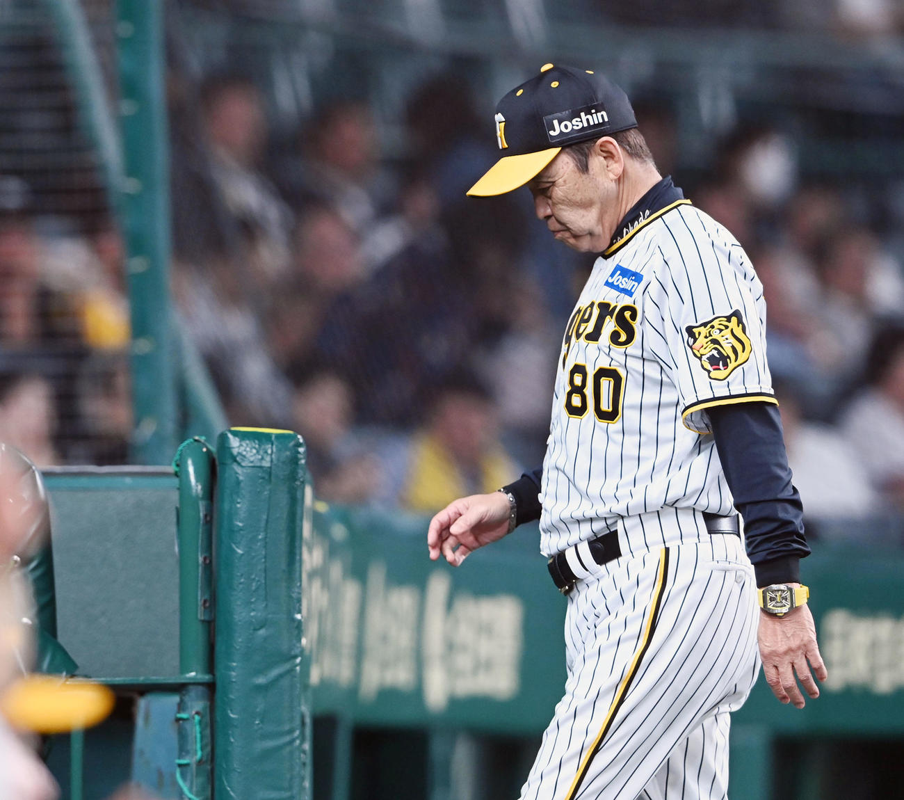 阪神対ロッテ　7回、浜地の交代を告げベンチに戻る阪神岡田監督（撮影・前岡正明）