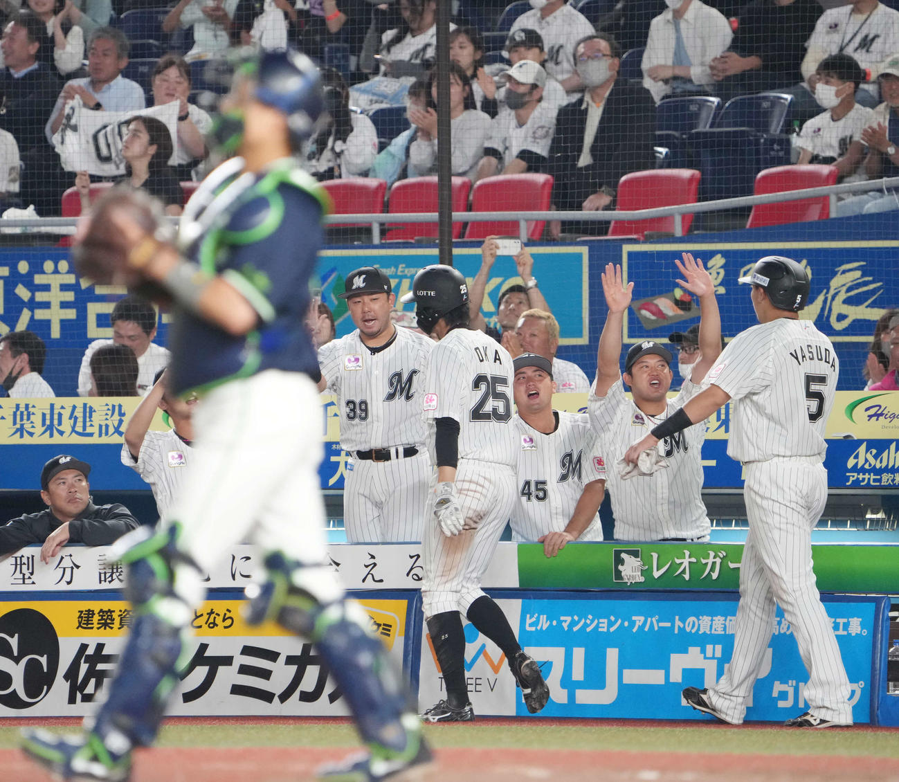 ロッテ対ヤクルト　5回裏ロッテ1死二、三塁、池田の左2点適時二塁打に沸くベンチのナイン（撮影・小沢裕）