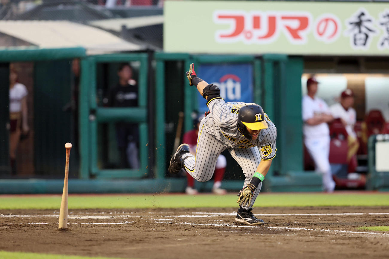 楽天対阪神　3回表阪神2死、前川は一二塁間にゴロを放ち、バランスを崩しながら走り、内野安打とする（撮影・加藤哉）