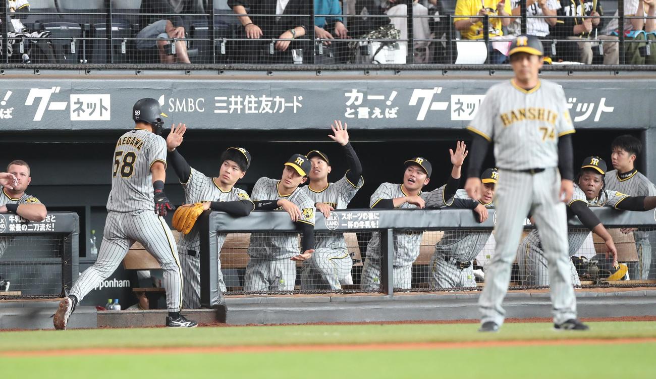 日本ハム対阪神　2回表、生還した前川を出迎えるナイン（撮影・黒川智章）