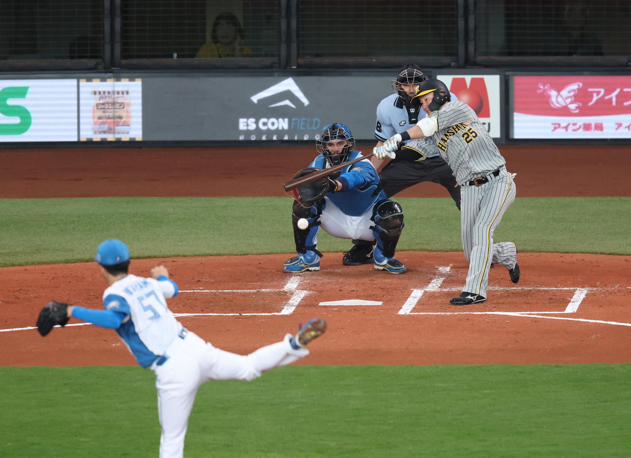 日本ハム対阪神　2回表阪神1死三塁、渡辺諒は先制となる中前適時打を放つ。投手北山（撮影・佐藤翔太）