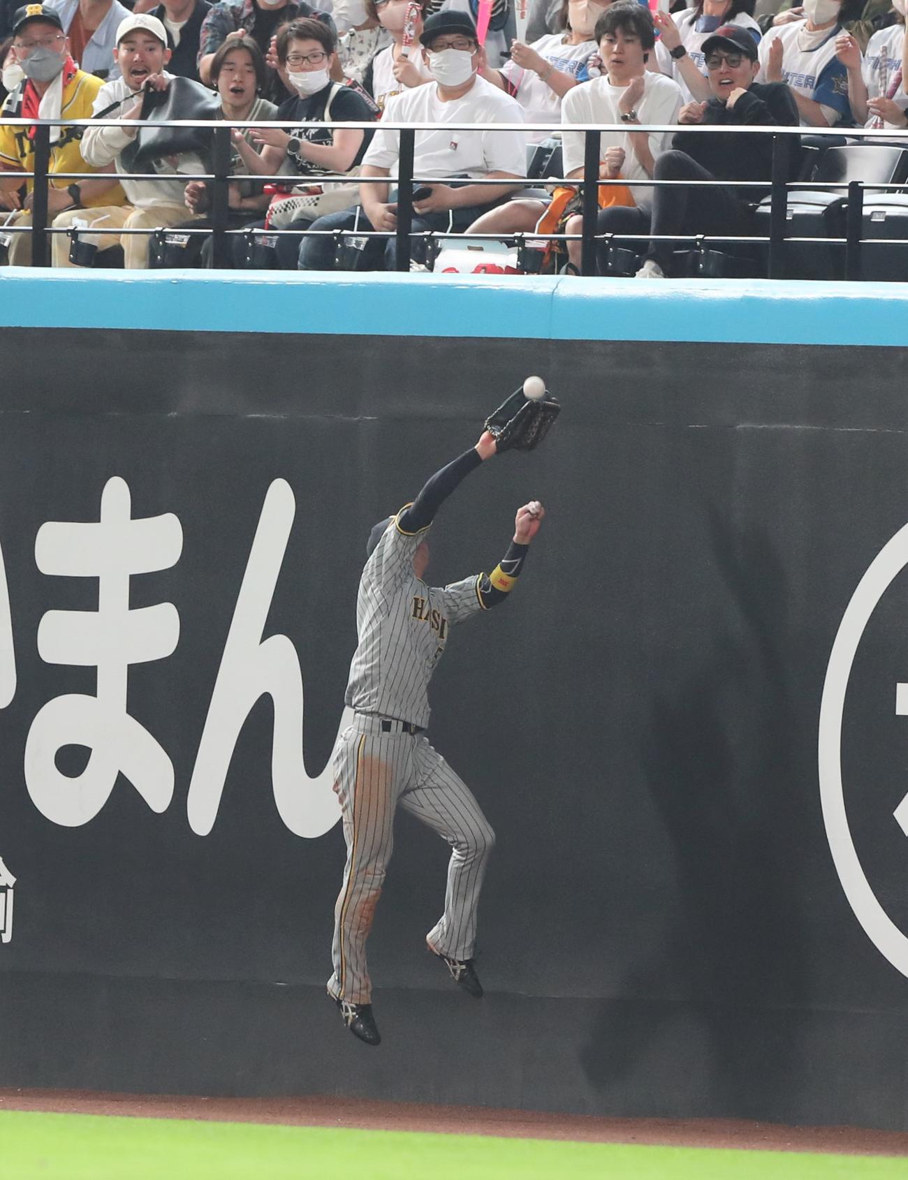 日本ハム対阪神　5回裏日本ハム2死、アルカンタラの打球をジャンピングキャッチする近本（撮影・黒川智章）