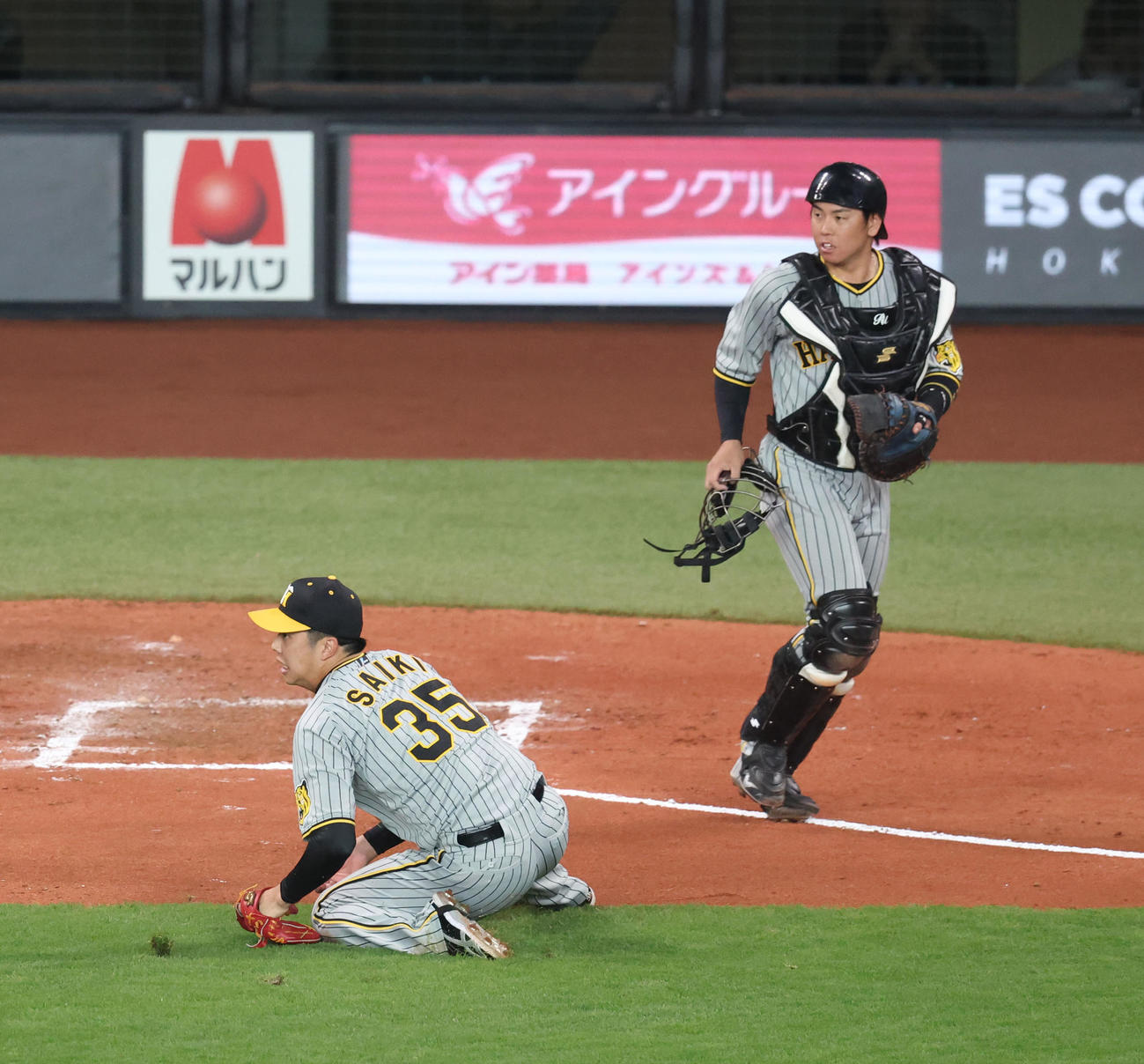 日本ハム対阪神　6回裏日本ハム無死一塁、細川の打球を好捕する才木（撮影・佐藤翔太）