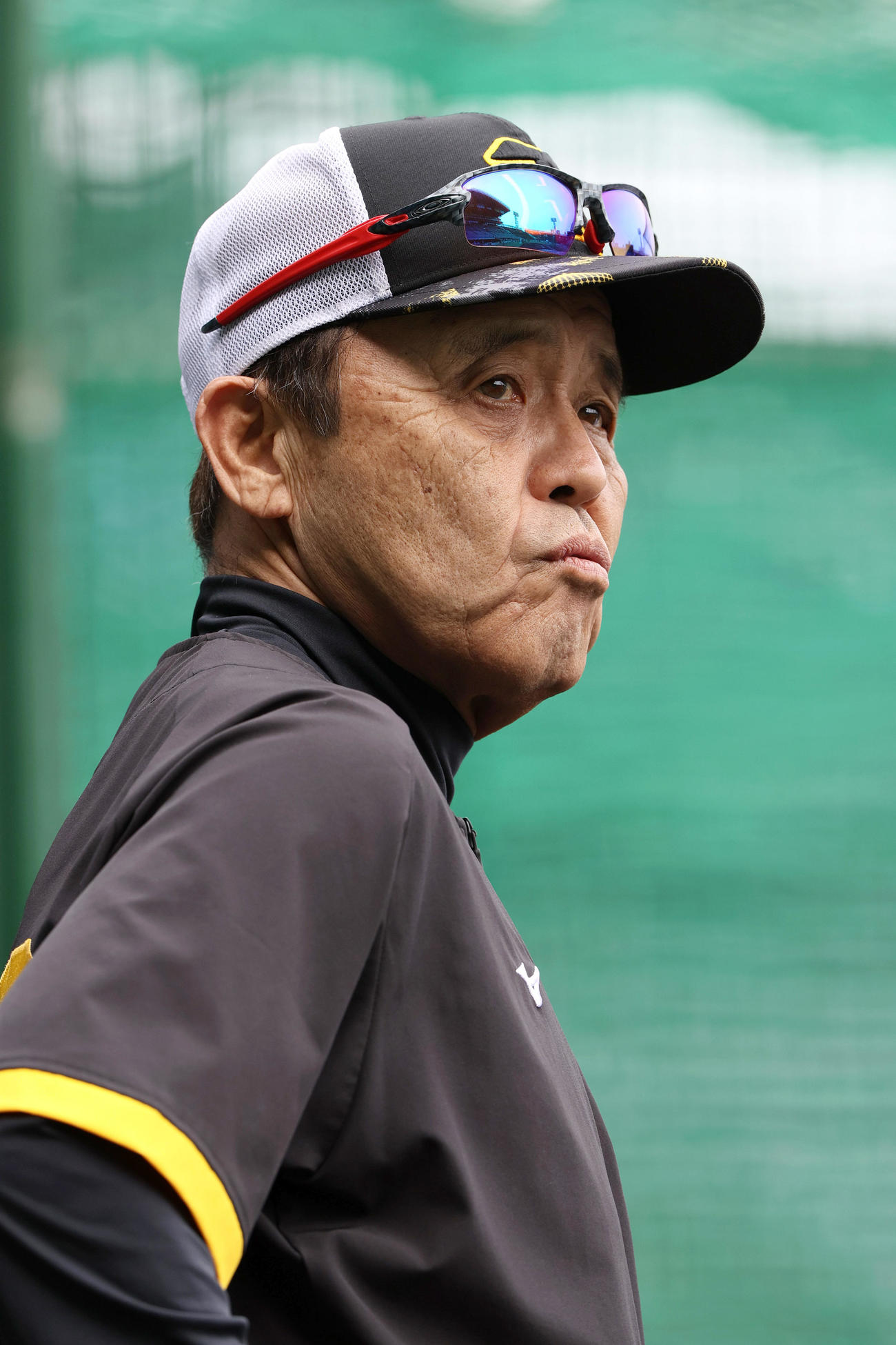 阪神対オリックス　試合前の練習を見守る阪神岡田監督（撮影・上山淳一）
