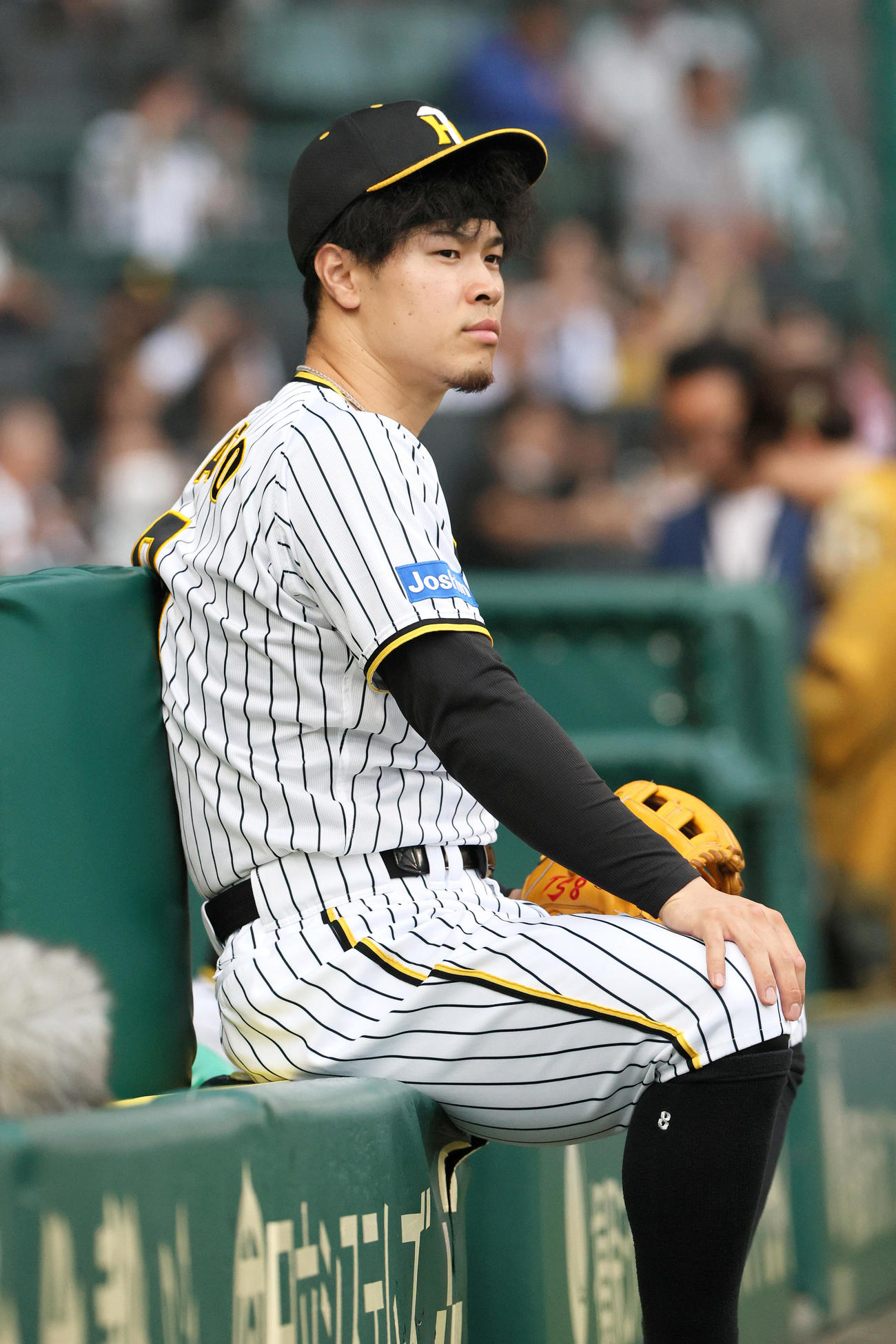 阪神対オリックス　ベンチ前でグラウンドを見つめる阪神佐藤輝（撮影・上山淳一）