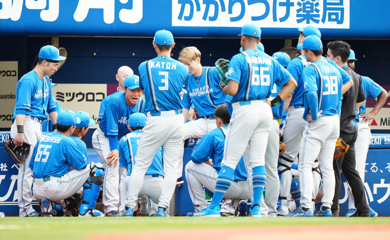 DeNA対日本ハム　試合前の円陣で声出しする日本ハム清宮（左から4人目）（撮影・江口和貴）