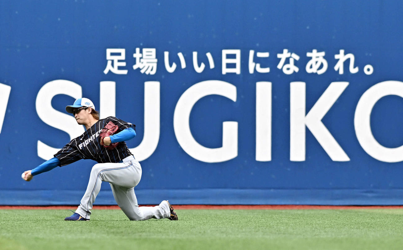 DeNA対日本ハム　試合前練習のキャッチボールで調整する日本ハム鈴木（撮影・滝沢徹郎）